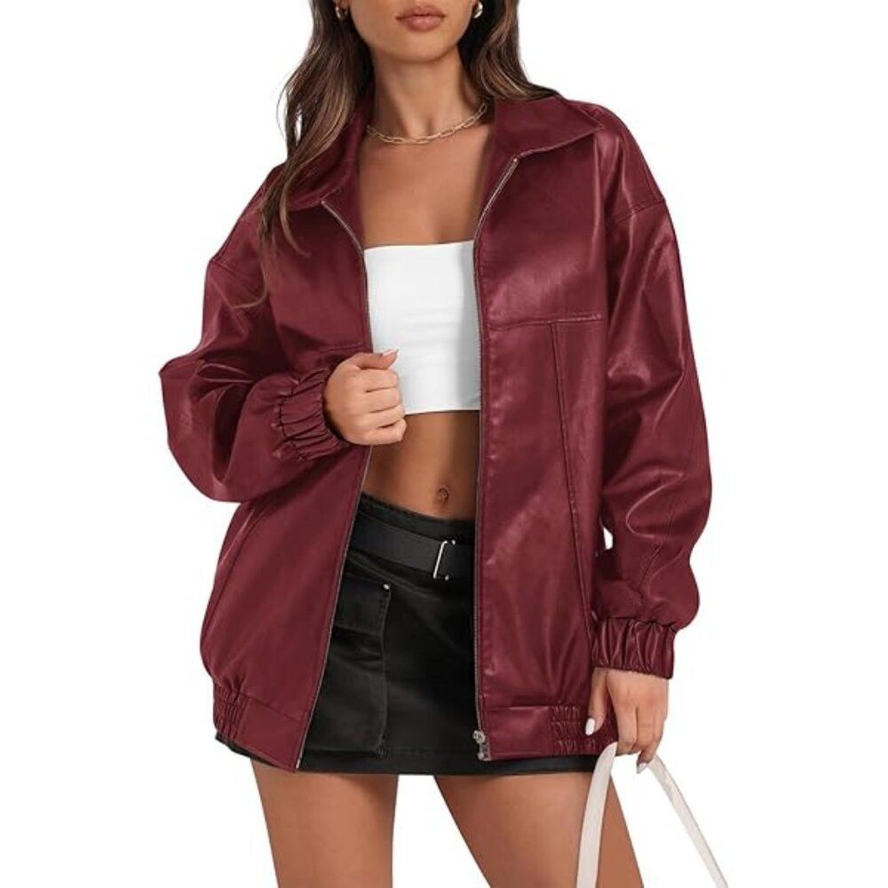 Burgundy faux leather motorcycle jacket